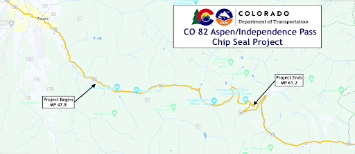 Map of project limits for CO 82 chip seal project scheduled to begin in July 2023. Map of project limits for CO 82 chip seal project scheduled to begin in July 2023.