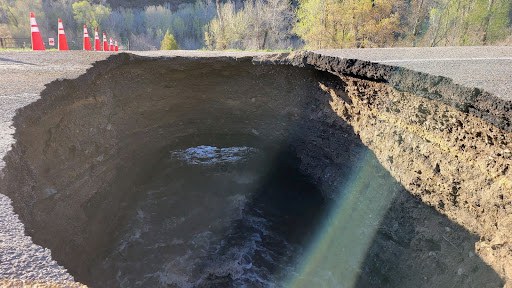 Sinkhole and related damage as of the morning of May 3 The above photo shows the sinkhole and related damage as of the morning of May 3.