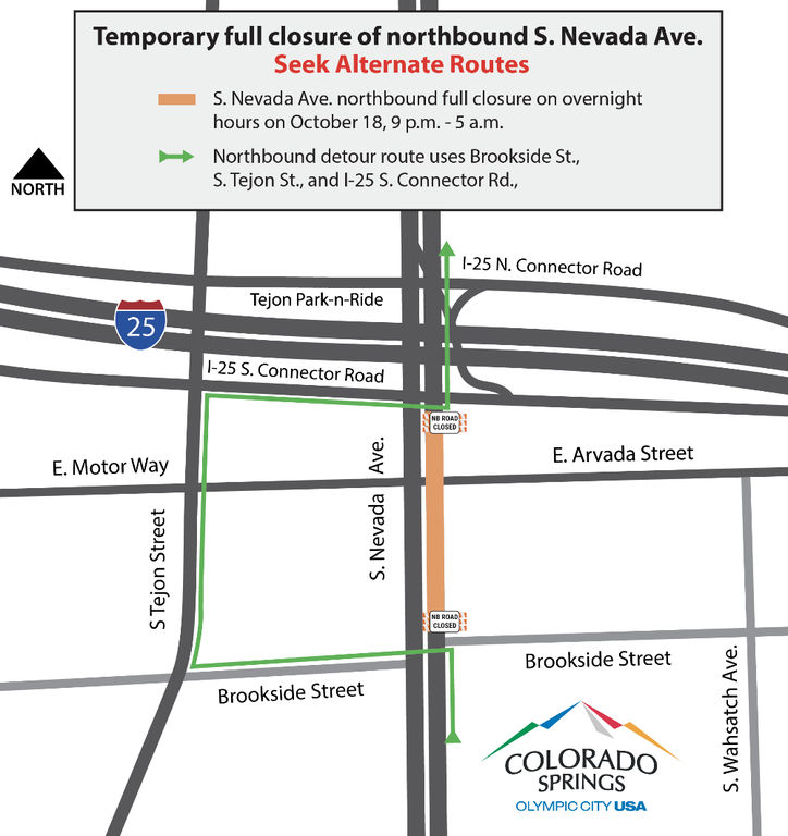 Detour map of temporary full closure of northbound South Nevada Avenue (Colorado Highway 115) Detour map of temporary full closure of northbound South Nevada Avenue (Colorado Highway 115)