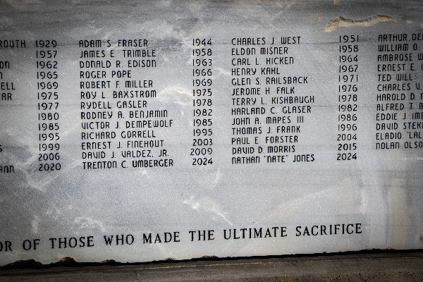 The two newest names on the rock have been added. Trenton C. Umberger and Nathan "Nate" Jones were killed on the job last year. The two newest names on the rock have been added. Trenton C. Umberger and Nathan "Nate" Jones were killed on the job last year.