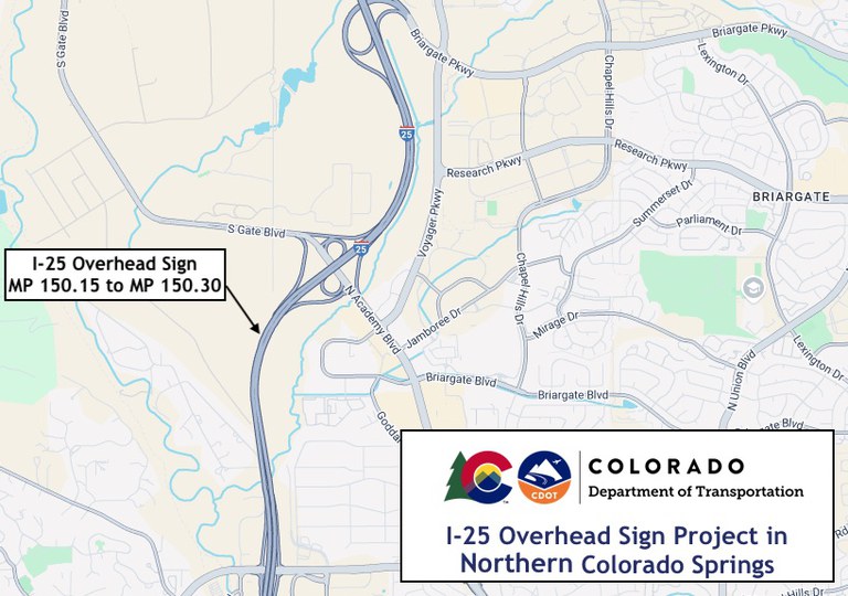 I-25 Overhead Sign Replacement Project Map in Colorado Springs Map of Interstate 25 in Colorado Springs indicating the area affected by the I-25 Overhead Sign Project in Northern Colorado Springs which will occur from mile point 150.15 to mile point 150.3 just south of North Academy Boulevard.