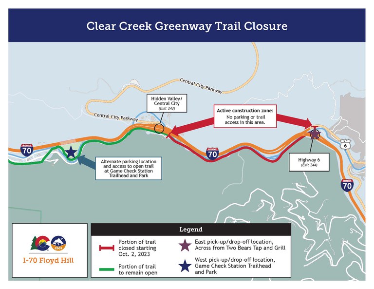 Clear Creek Greenway Trail closed between the US 6 and Hidden Valley interchanges Clear Creek Greenway Trail closed between the US 6 and Hidden Valley interchanges