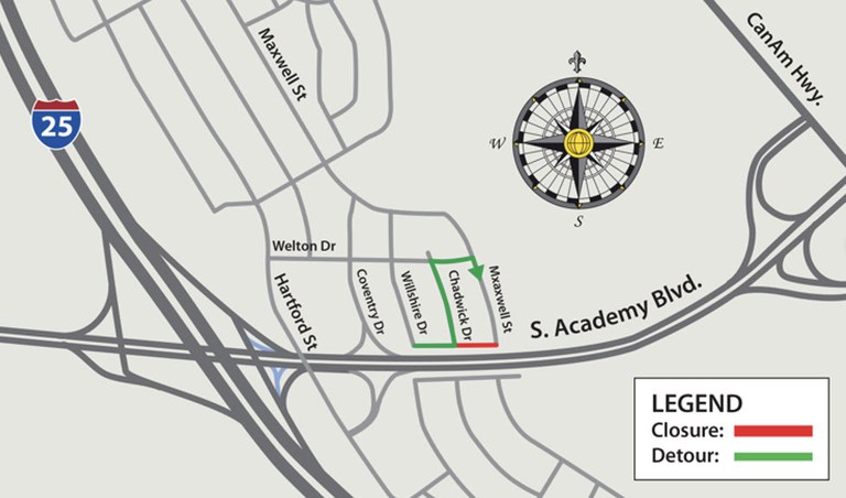 Detour Map for Closure of Maxwell Street Near South Academy Boulevard Detour for closure of Maxwell Street near South Academy Boulevard
