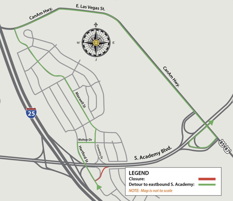 Detour map for closure of northbound South Academy Boulevard on-ramp from Hartford Street Detour map for northbound South Academy Boulevard on-ramp from Hartford Street.
