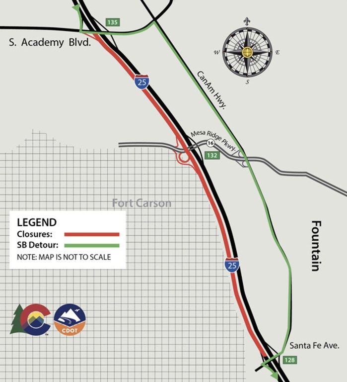 Detour map for closure of southbound I-25 between Mesa Ridge Parkway and Santa Fe Avenue Detour map for closure of southbound I-25 between Mesa Ridge Parkway and Santa Fe Avenue