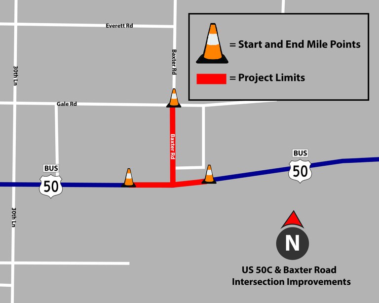 Map of US Highway 50c and Baxter Road in eastern Pueblo County Map of US Highway 50c and Baxter Road in eastern Pueblo County highlights the work zone for the US 50c and Baxter Road Intersection Improvements Project.
