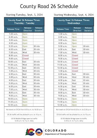 County Road 26 opening schedule County Road 26 opening schedule timetable